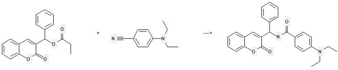Benzonitrile,4-(diethylamino)- can be used to produce 4-diethylamino-N-[(2-oxo-2H-chromen-3-yl)-phenyl-methyl]-benzamide with 2-oxo-3-(1-propionyloxybenzyl)-2H-1-benzopyran.